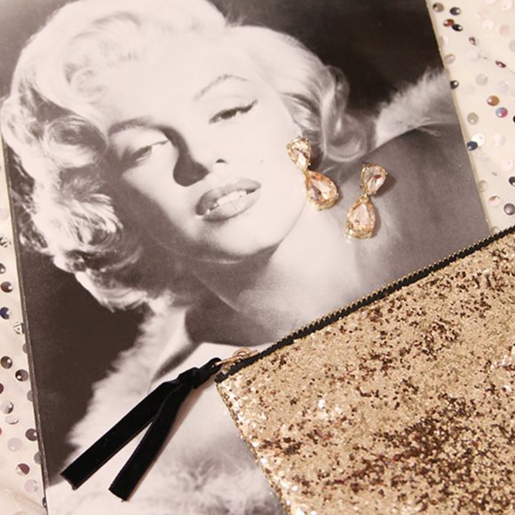 Champagne Crystal Drop Earrings & Gold Glitter Purse Set - Picture 4 of 5